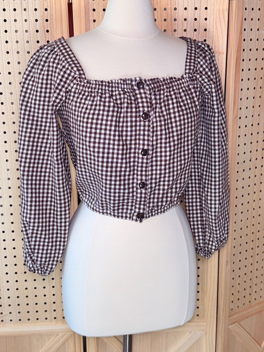 Madewell XXS Brown Gingham Crop Top Cottagecore Puff Sleeve Button Front Cotton - Picture 3 of 11